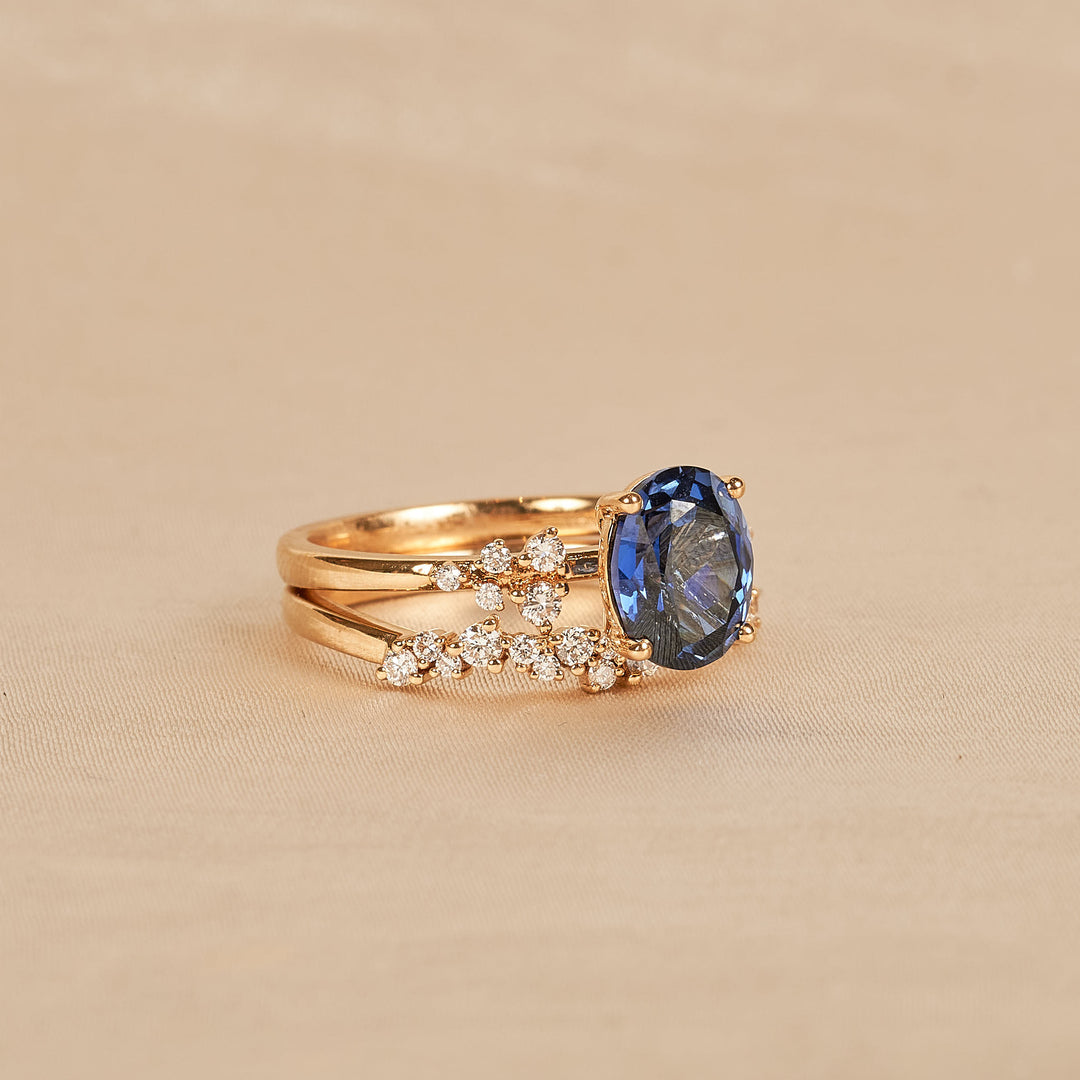 Georgina - In Stock - Sapphire Oval Lab Grown Diamond Ring with Stacking Ring Set Diamond Snowdrift  - 18K Yellow Gold - 2 ct