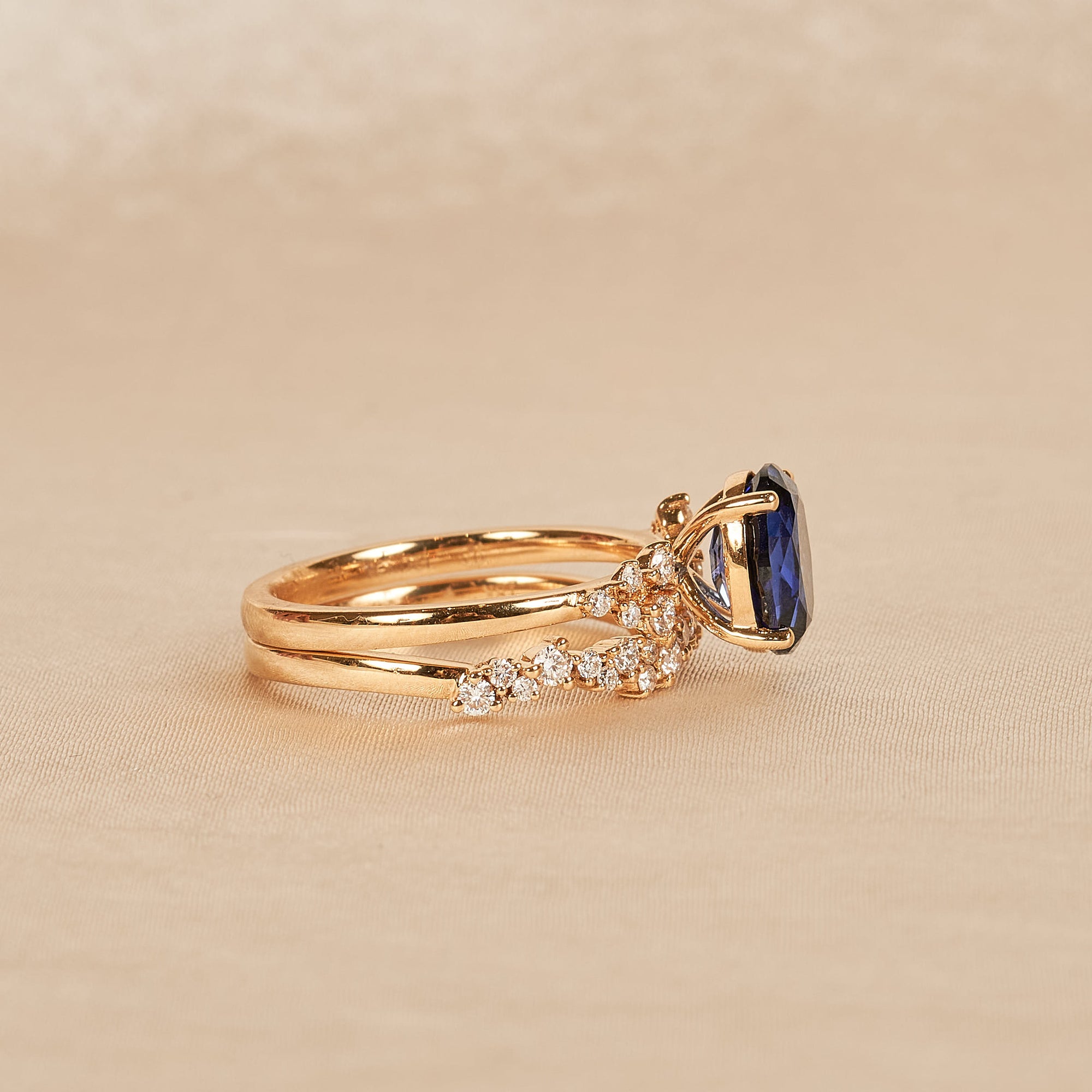 Georgina - In Stock - Sapphire Oval Lab Grown Diamond Ring with Stacking Ring Set Diamond Snowdrift  - 18K Yellow Gold - 2 ct