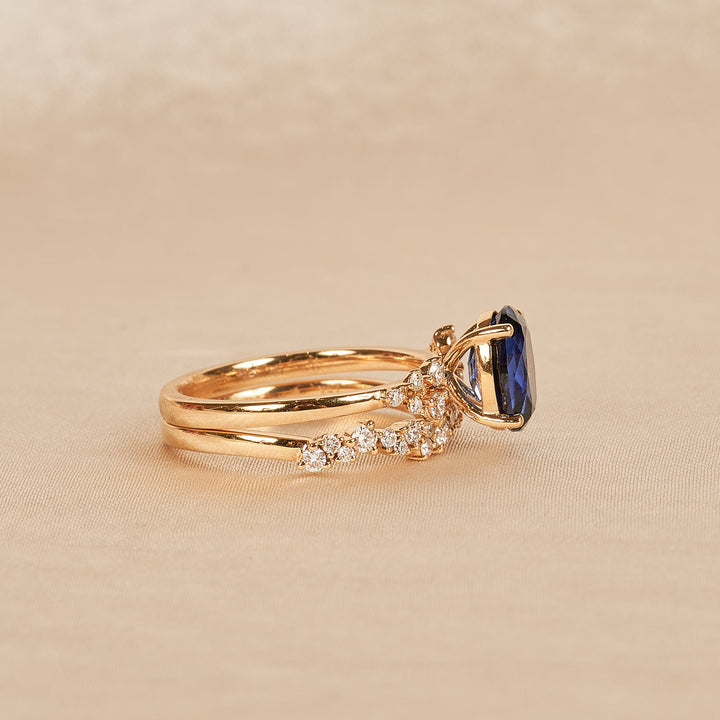Georgina - In Stock - Sapphire Oval Lab Grown Diamond Ring with Stacking Ring Set Diamond Snowdrift  - 18K Yellow Gold - 2 ct