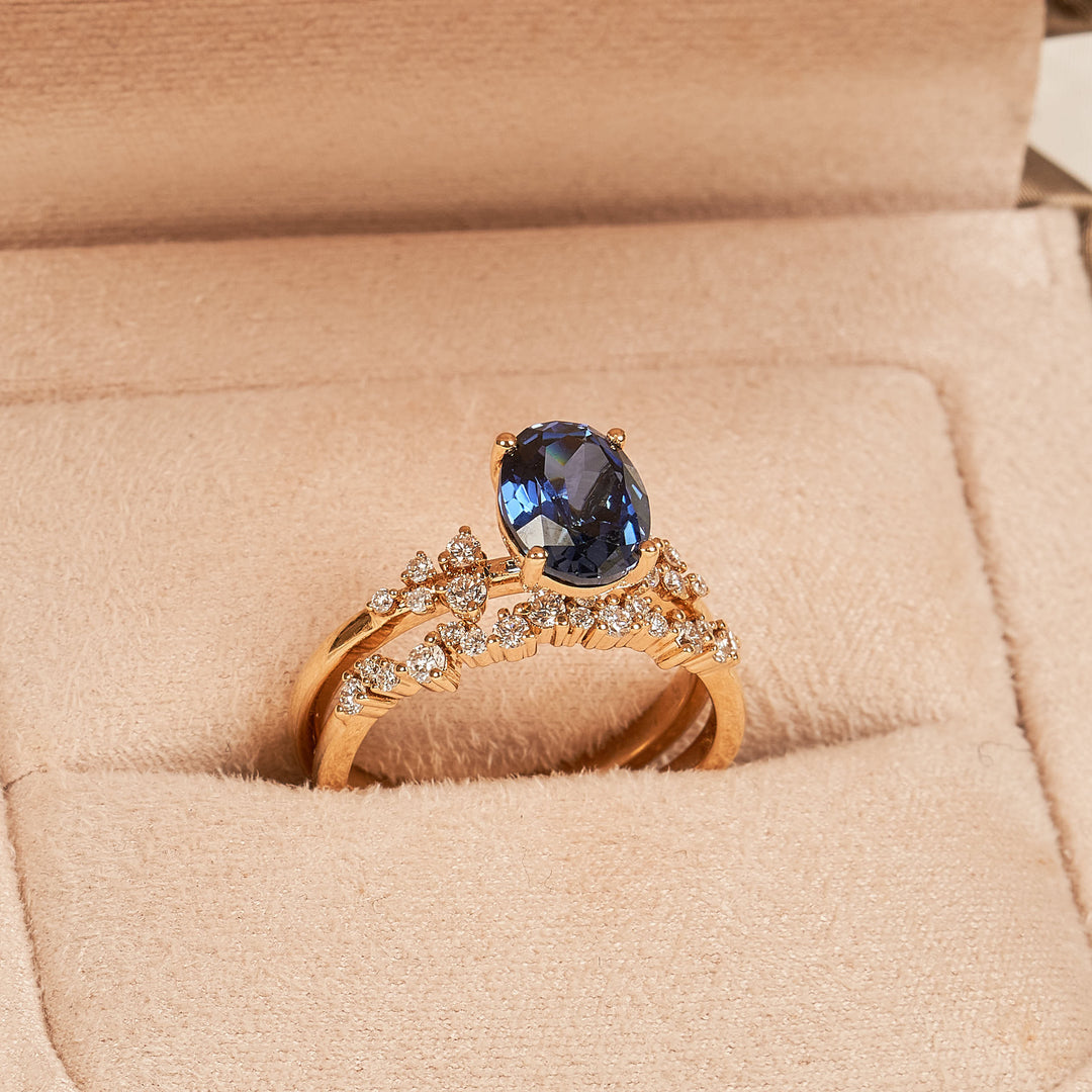 Georgina - In Stock - Sapphire Oval Lab Grown Diamond Ring with Stacking Ring Set Diamond Snowdrift  - 18K Yellow Gold - 2 ct