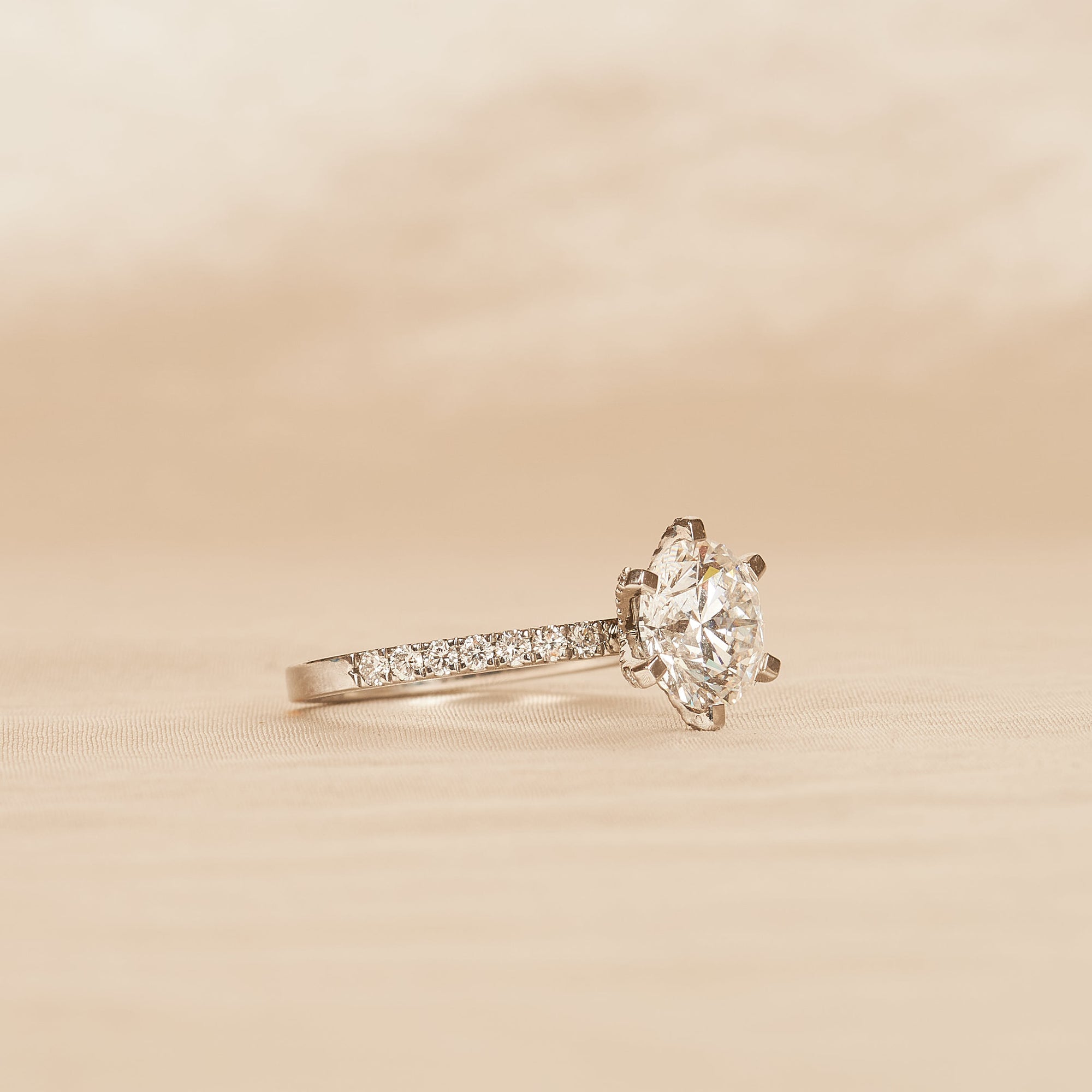 Mabel - In Stock - Round Brilliant Solitair with Pave and Modern Setting - Platina 950 - 2,95 ct