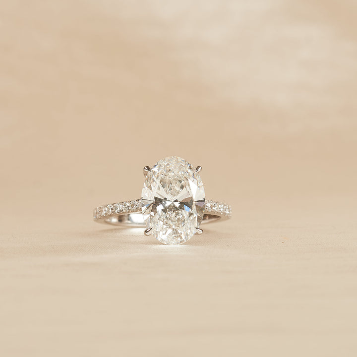 Estelle - In Stock - Oval Solitaire Lab Grown Diamond Hidden Halo with Pave Band And Diamond Bridge