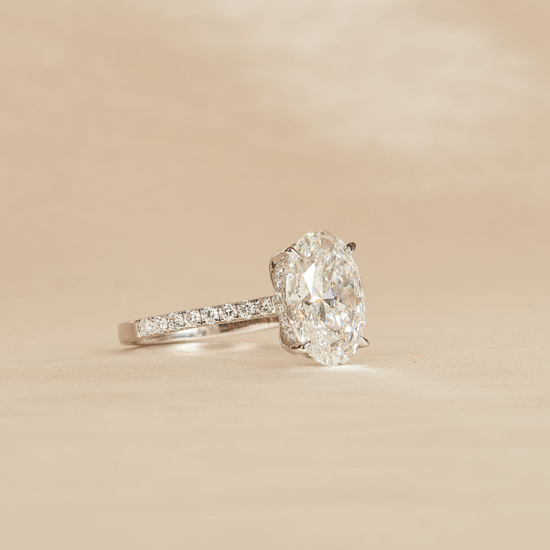 Estelle - In Stock - Oval Solitaire Lab Grown Diamond Hidden Halo with Pave Band And Diamond Bridge