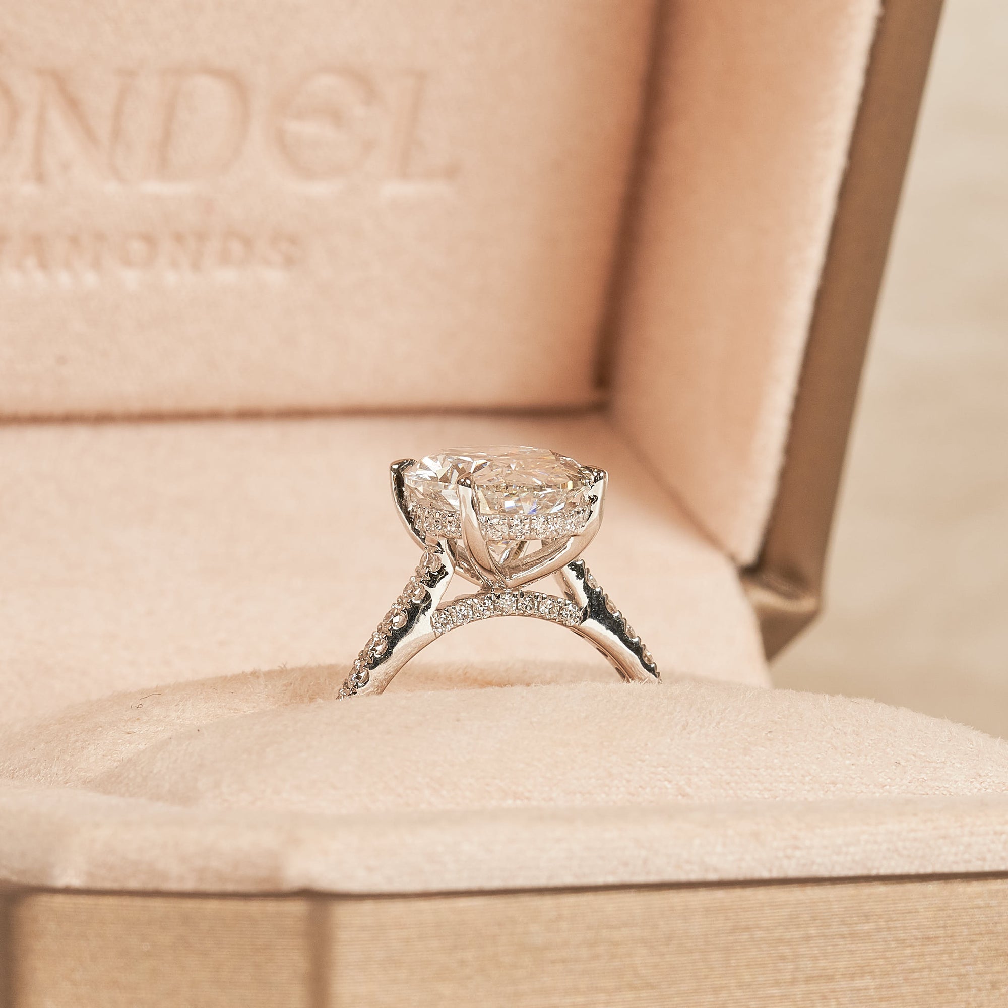 Estelle - In Stock - Oval Solitaire Lab Grown Diamond Hidden Halo with Pave Band And Diamond Bridge