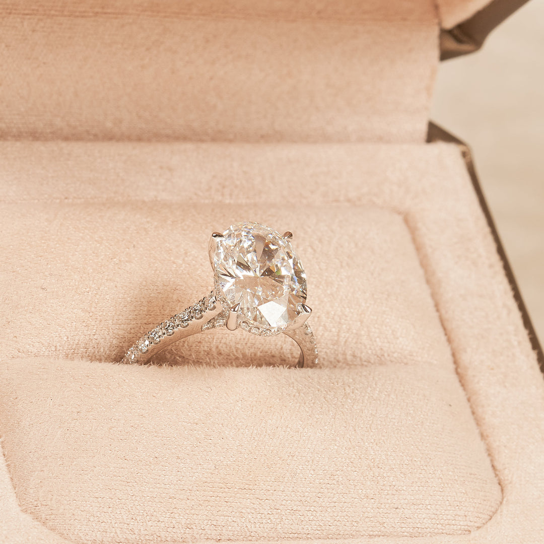 Estelle - In Stock - Oval Solitaire Lab Grown Diamond Hidden Halo with Pave Band And Diamond Bridge