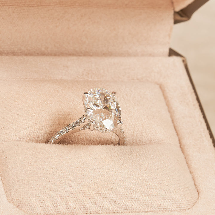 Estelle - In Stock - Oval Solitaire Lab Grown Diamond Hidden Halo with Pave Band And Diamond Bridge