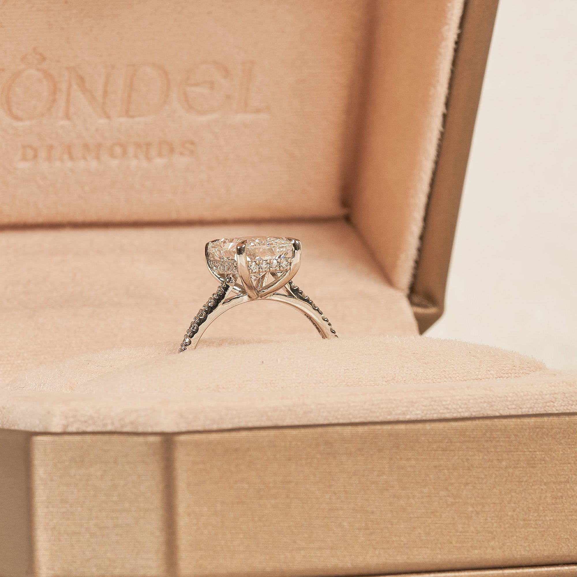 Maeve - In Stock - Solitaire Radiant Lab Grown Diamond Ring with Cathedral Setting and Pave Band - Platinum - 3,56 ct