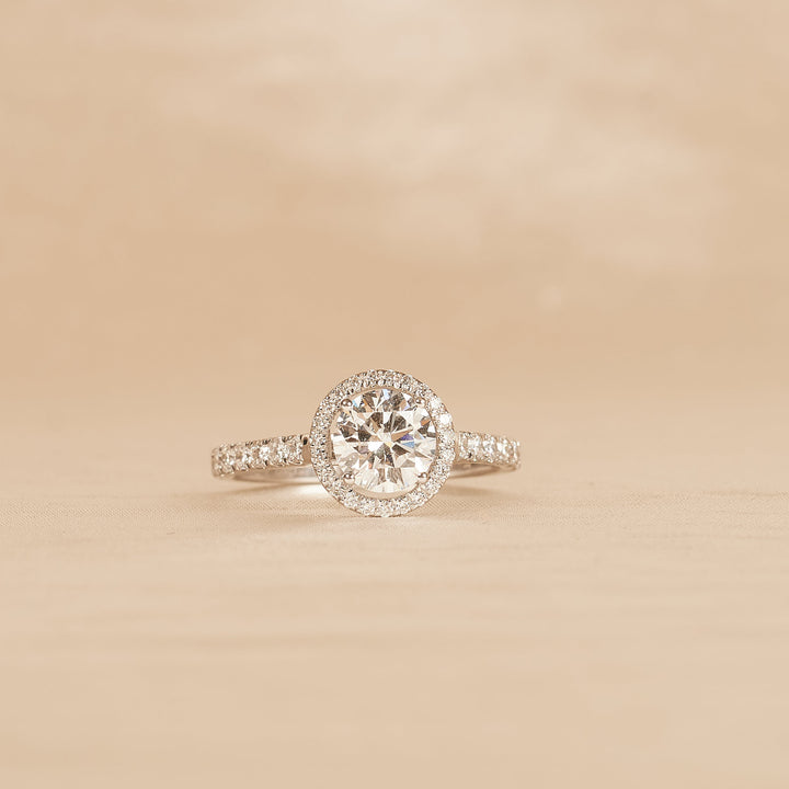 Rond Briljant Halo Ring met Pave Band - 18K Goud