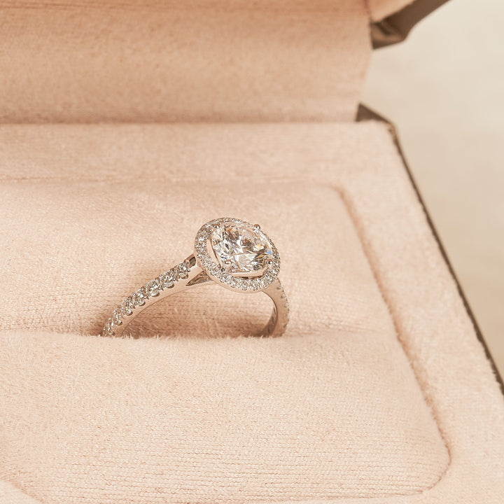 Rond Briljant Halo Ring met Pave Band - 18K Goud