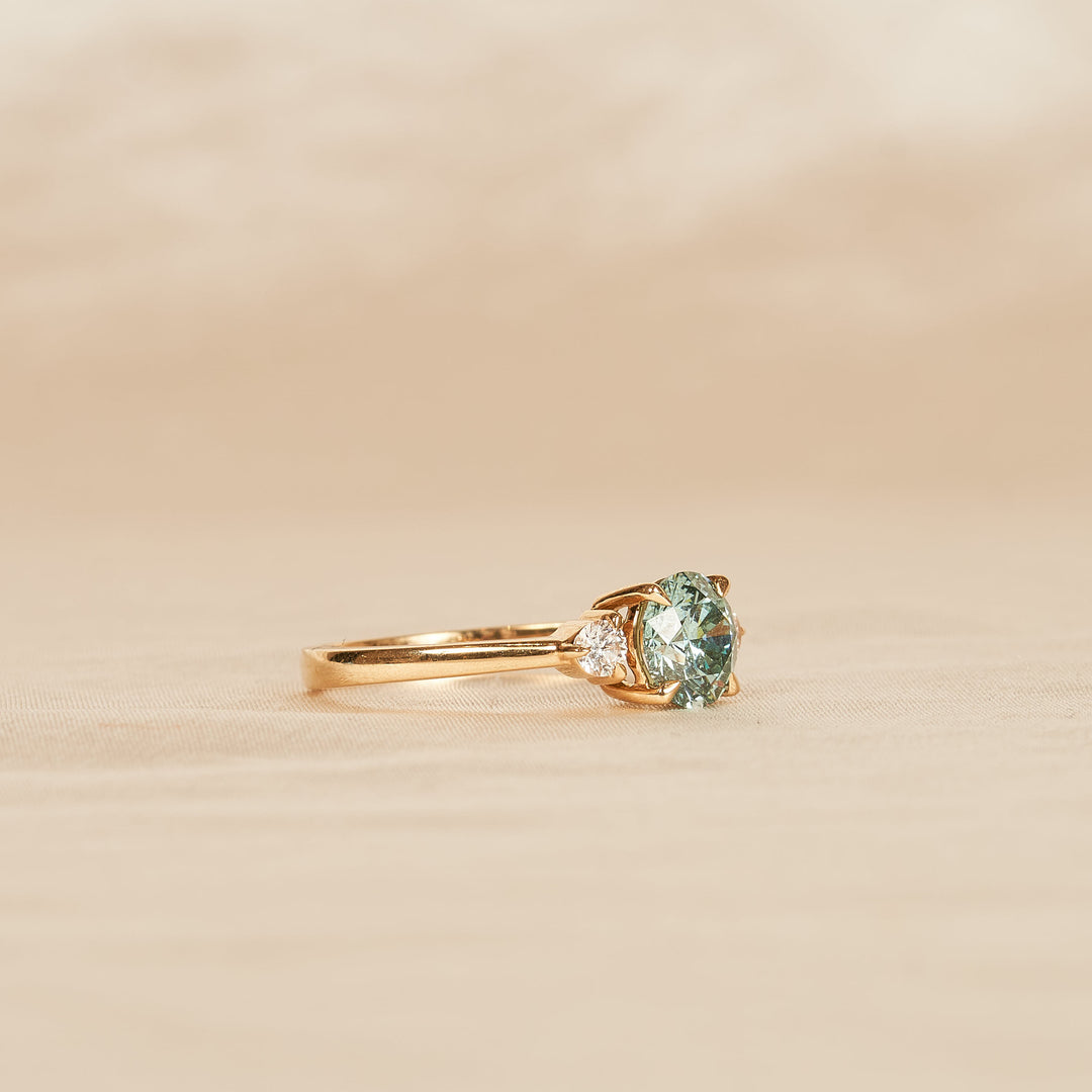 Azure Blue Diamond Ring with Brilliant Side Stones - 18K Yellow Gold - 1.22 ct