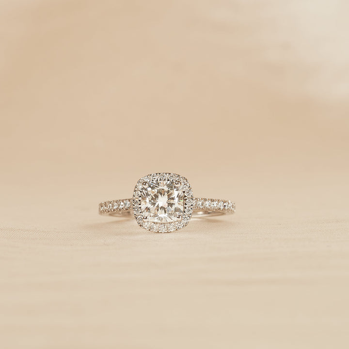 Yvonne - In Stock - Cushion Halo Lab Grown Diamond Ring with Pave Band and Low Setting - 18K Gold - 1.36 ct