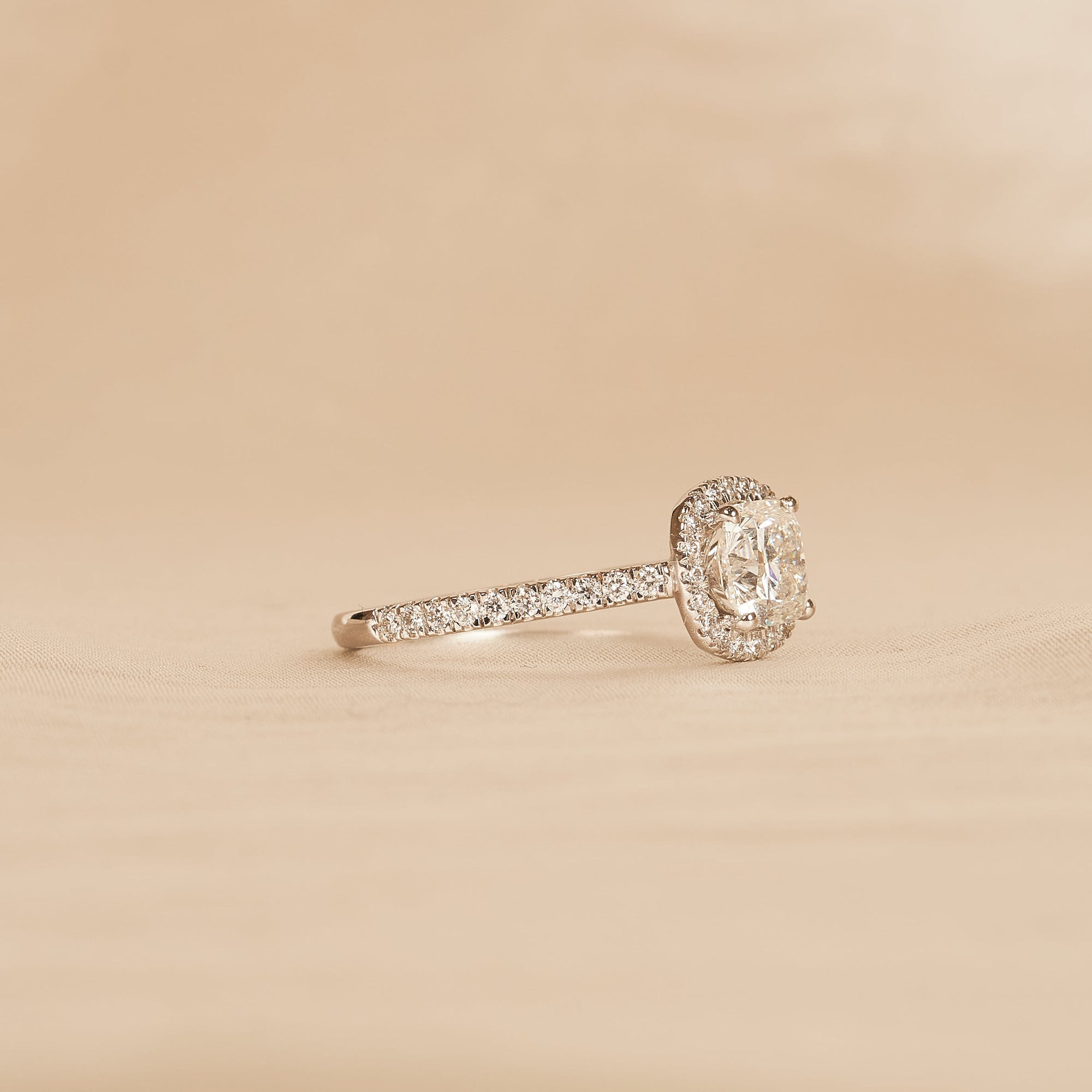 Yvonne - In Stock - Cushion Halo Lab Grown Diamond Ring with Pave Band and Low Setting - 18K Gold - 1.36 ct