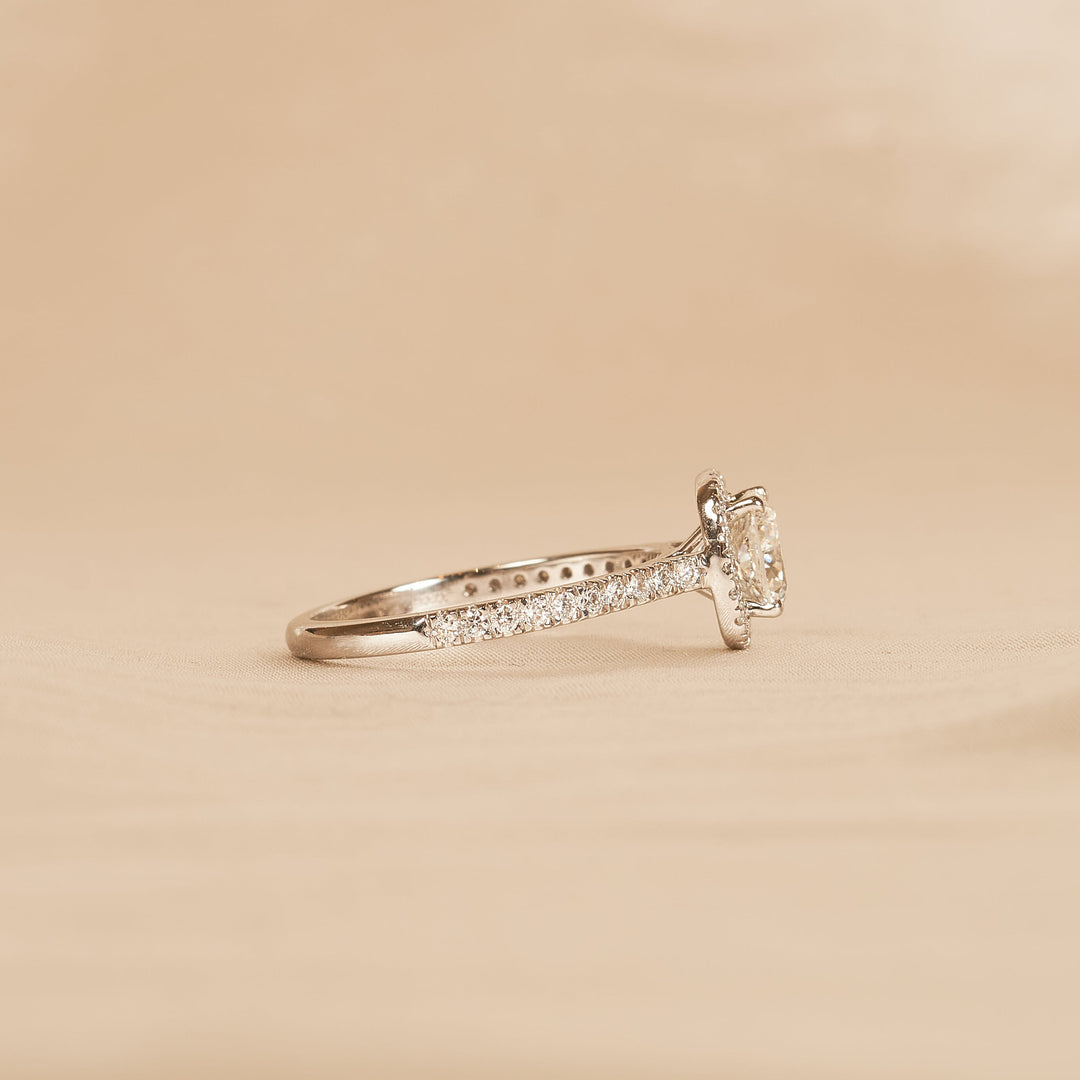 Yvonne - In Stock - Cushion Halo Lab Grown Diamond Ring with Pave Band and Low Setting - 18K Gold - 1.36 ct
