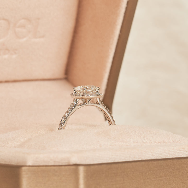 Yvonne - In Stock - Cushion Halo Lab Grown Diamond Ring with Pave Band and Low Setting - 18K Gold - 1.36 ct