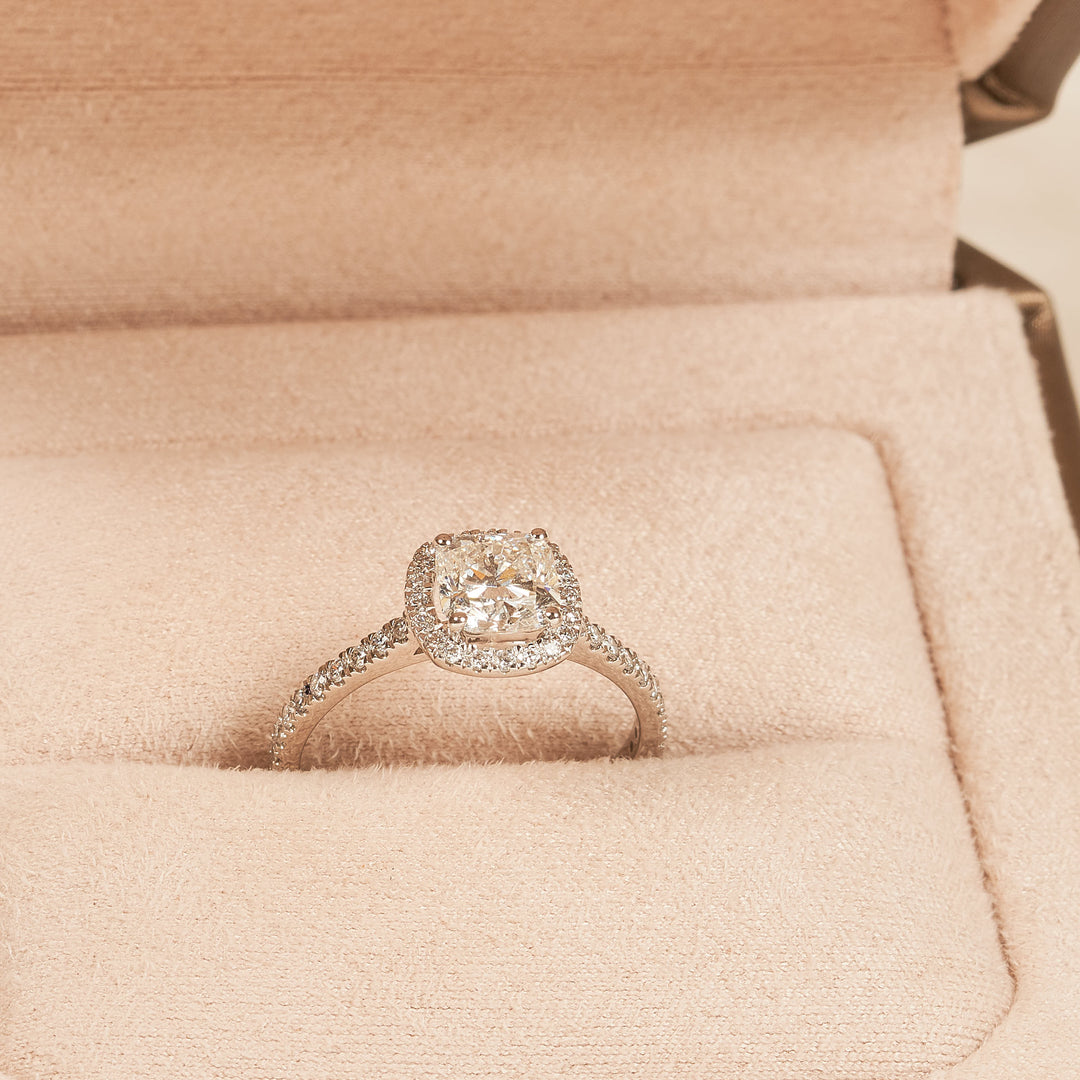 Yvonne - In Stock - Cushion Halo Lab Grown Diamond Ring with Pave Band and Low Setting - 18K Gold - 1.36 ct