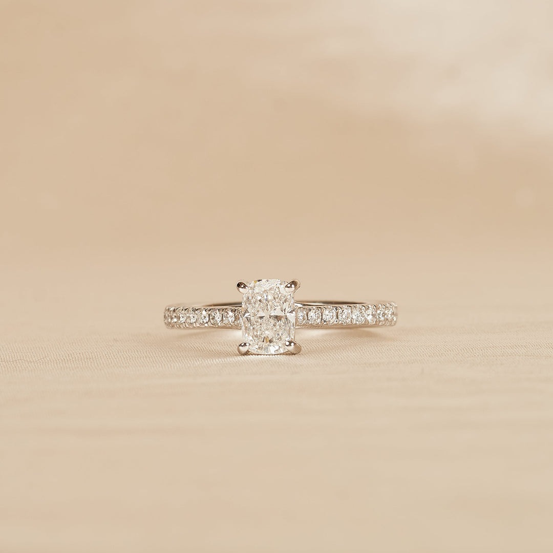 Solitaire Elongated Cushion Crossover Ring with Pavé Band - 18K White Gold - 0.99 ct