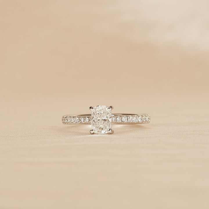 Solitaire Elongated Cushion Crossover Ring with Pavé Band - 18K White Gold - 0.99 ct