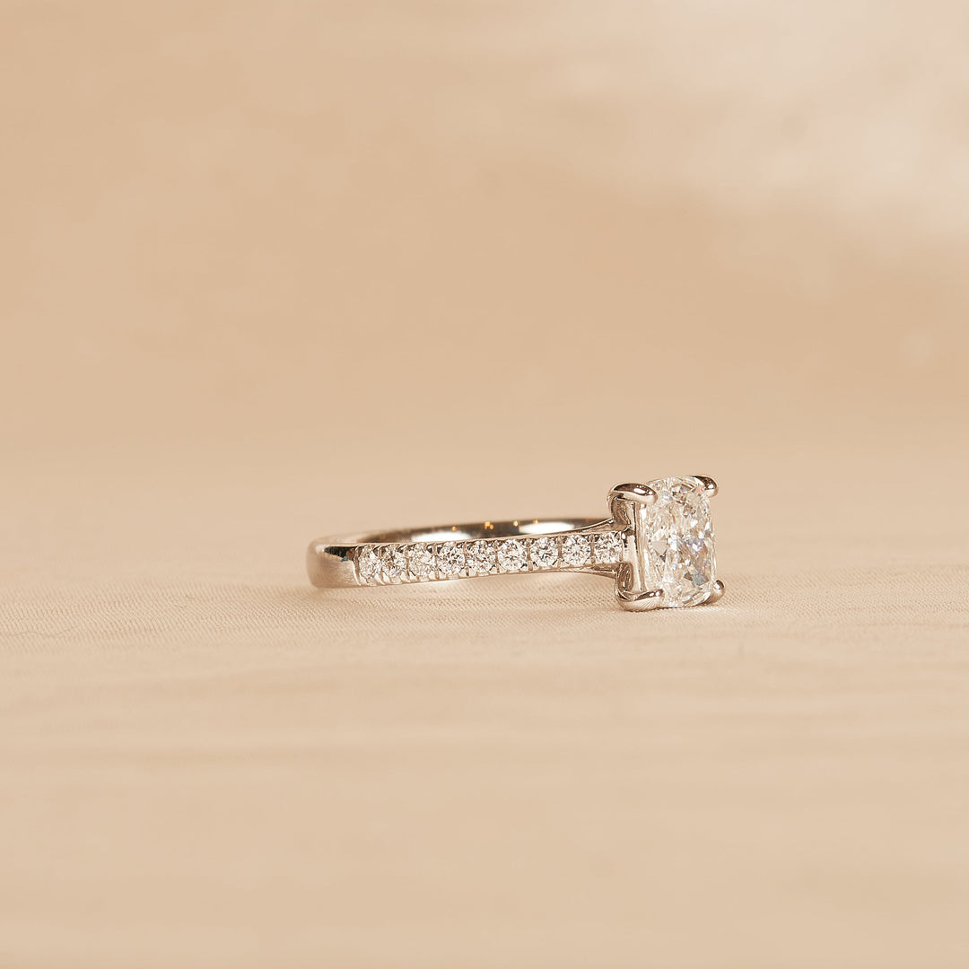 Solitaire Elongated Cushion Crossover Ring with Pavé Band - 18K White Gold - 0.99 ct