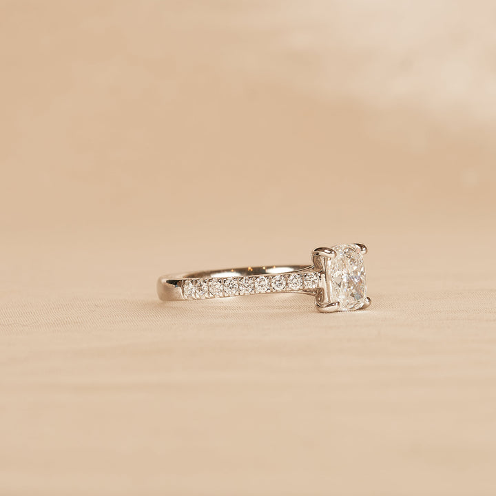 Solitaire Elongated Cushion Crossover Ring with Pavé Band - 18K White Gold - 0.99 ct