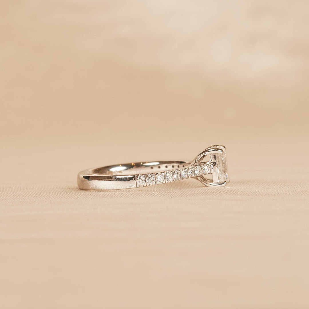 Solitaire Elongated Cushion Crossover Ring with Pavé Band - 18K White Gold - 0.99 ct