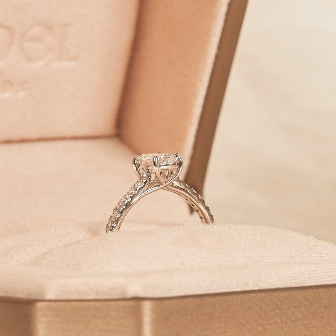 Solitaire Elongated Cushion Crossover Ring with Pavé Band - 18K White Gold - 0.99 ct