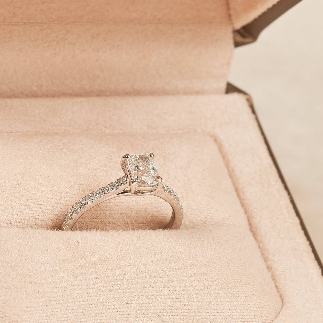 Solitaire Elongated Cushion Crossover Ring with Pavé Band - 18K White Gold - 0.99 ct