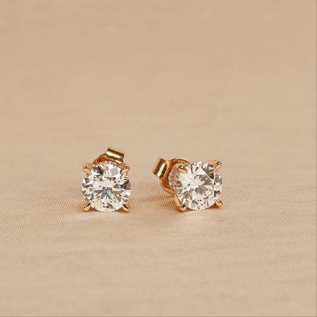 Emily - In Stock - Round Brilliant Lab Grown Diamond Stud Earrings with Double Hidden Halo - 18K Yellow Gold - 1,28 ct