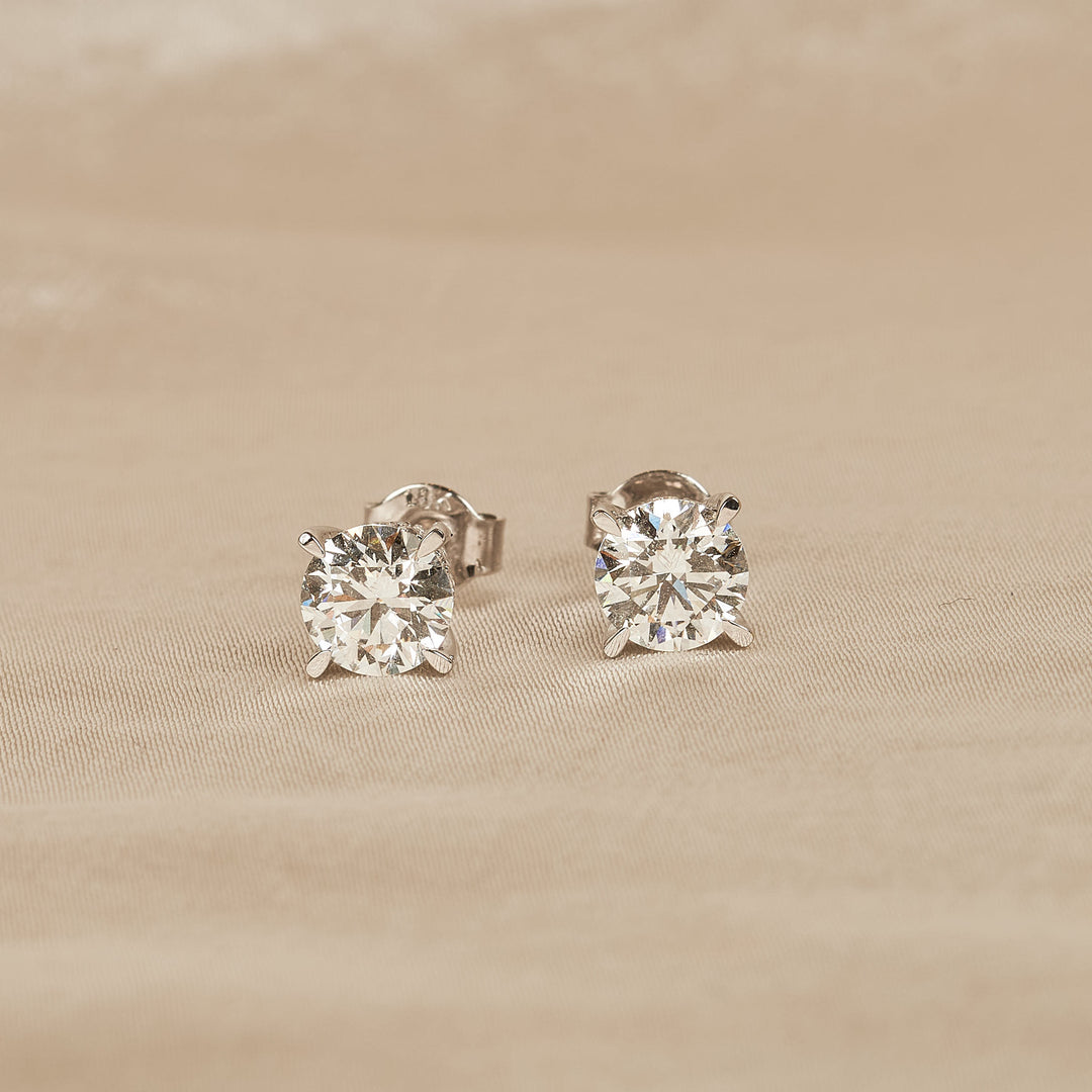 Emily - In Stock - Round Brilliant Lab Grown Diamond Stud Earrings with Double Hidden Halo - 18K White Gold - 2,42 ct