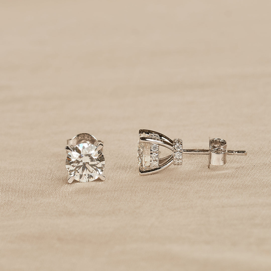 Emily - In Stock - Round Brilliant Lab Grown Diamond Stud Earrings with Double Hidden Halo - 18K White Gold - 2,42 ct