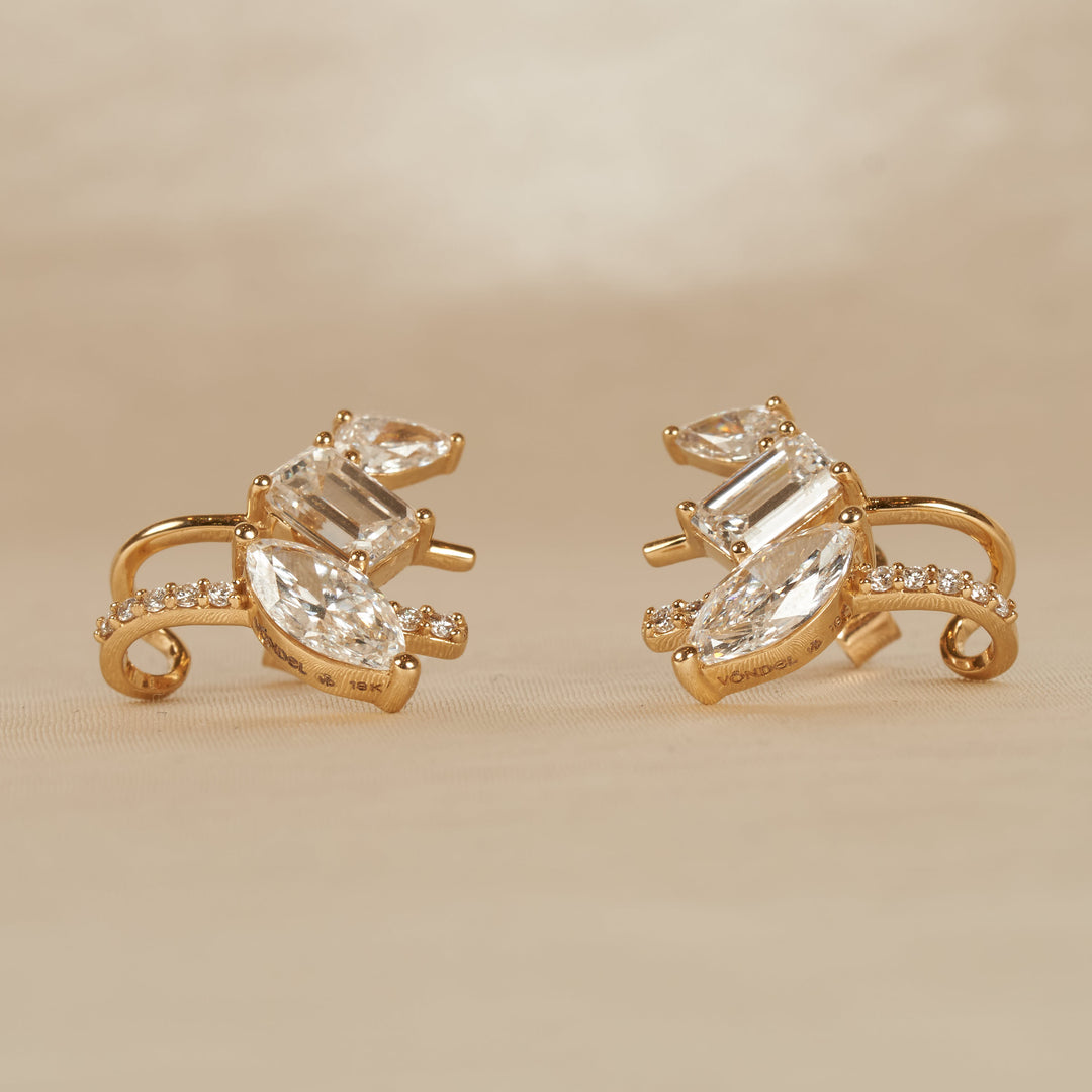 Brigitte - In Stock - Lab Grown Diamond Mix Stud and Earcuff Earrings - 18K Gold - 3 ct