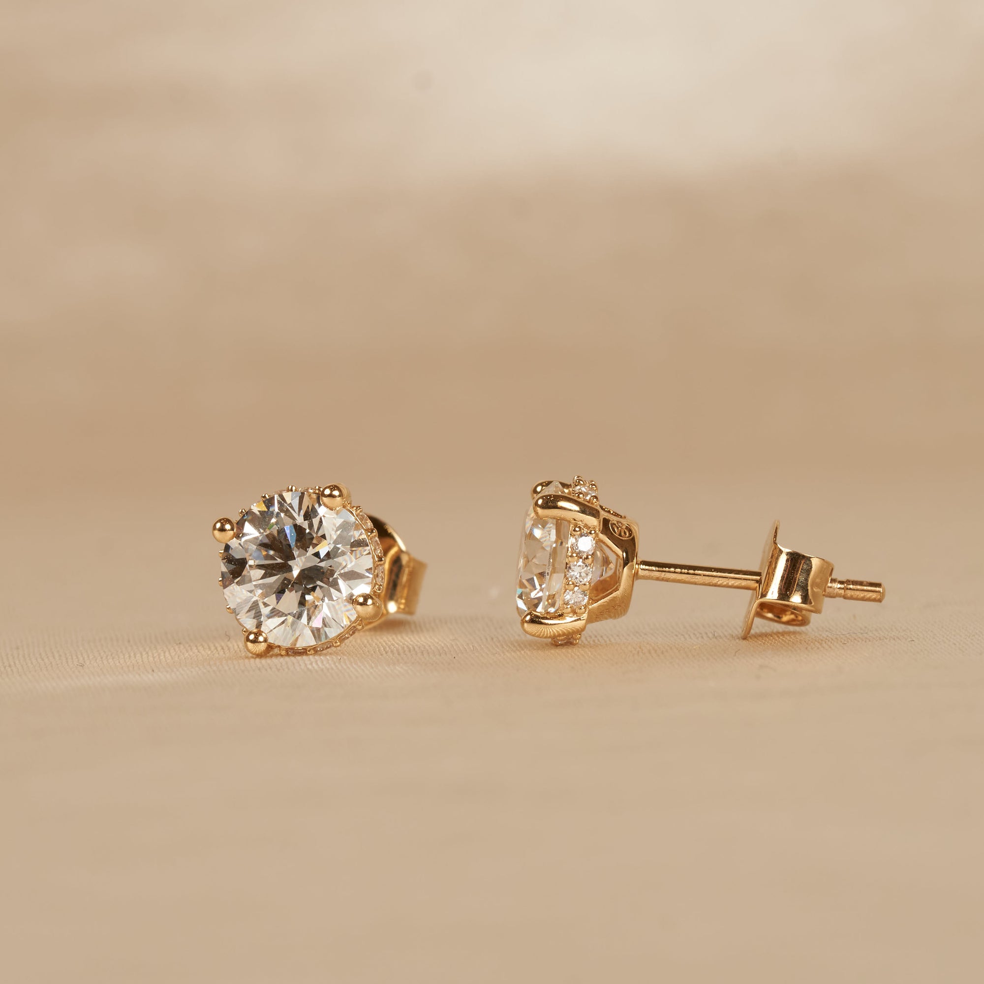 Laura - In Stock - Round Brilliant Lab Grown Diamond Stud Earrings with Hidden Halo - 18K Gold