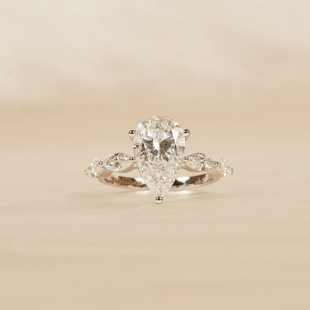 Lucy - In Stock - Pear Solitaire Lab Grown Diamond with Marquise Brilliant Band- 18K White Gold - 3 ct