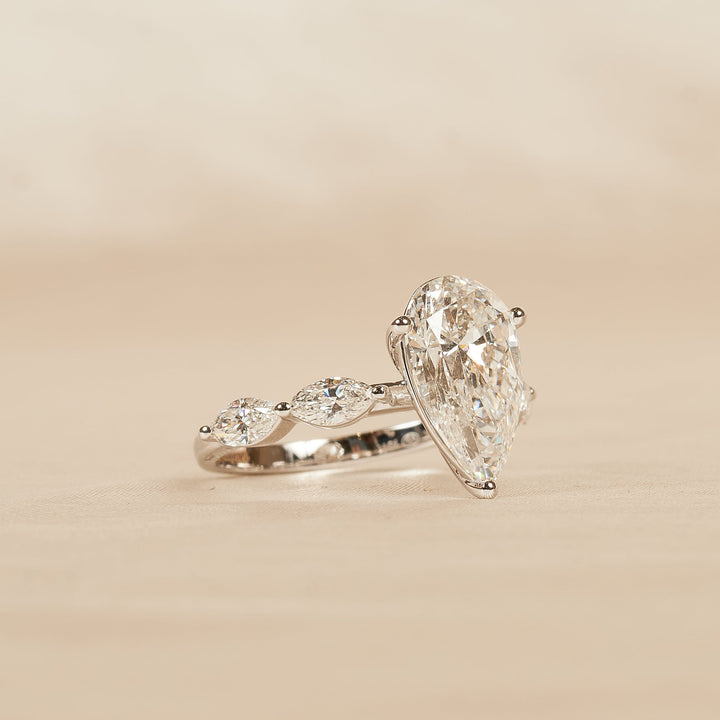 Lucy - In Stock - Pear Solitaire Lab Grown Diamond with Marquise Brilliant Band- 18K White Gold - 3 ct