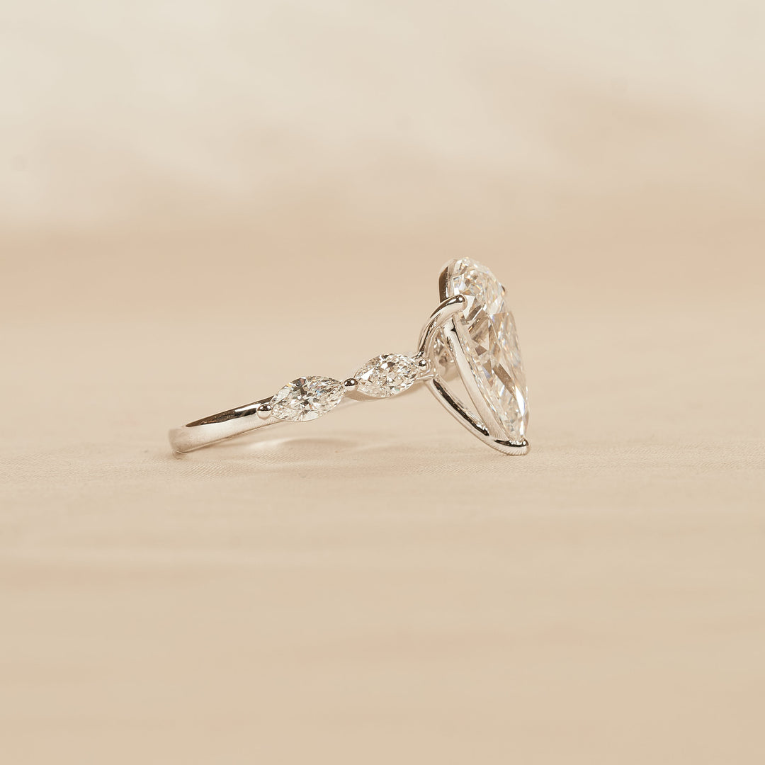 Lucy - In Stock - Pear Solitaire Lab Grown Diamond with Marquise Brilliant Band- 18K White Gold - 3 ct