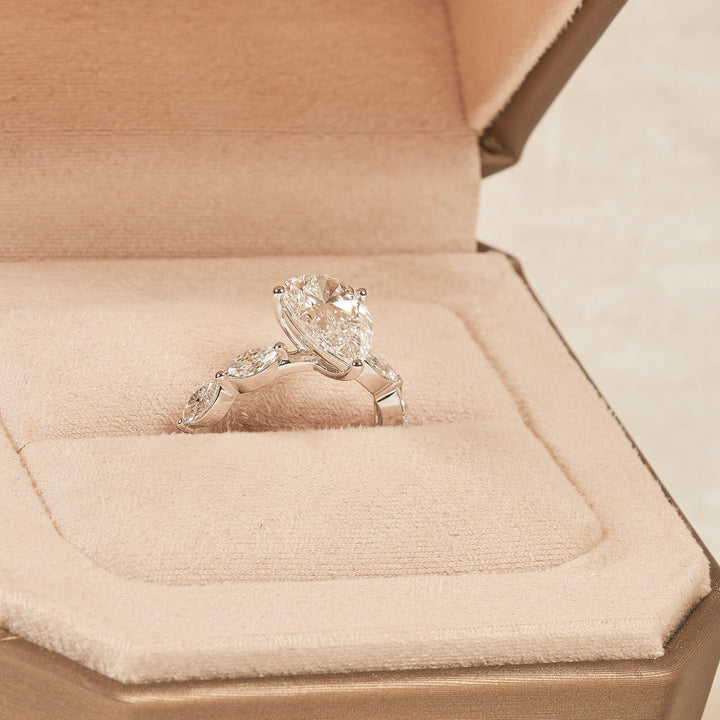 Lucy - In Stock - Pear Solitaire Lab Grown Diamond with Marquise Brilliant Band- 18K White Gold - 3 ct