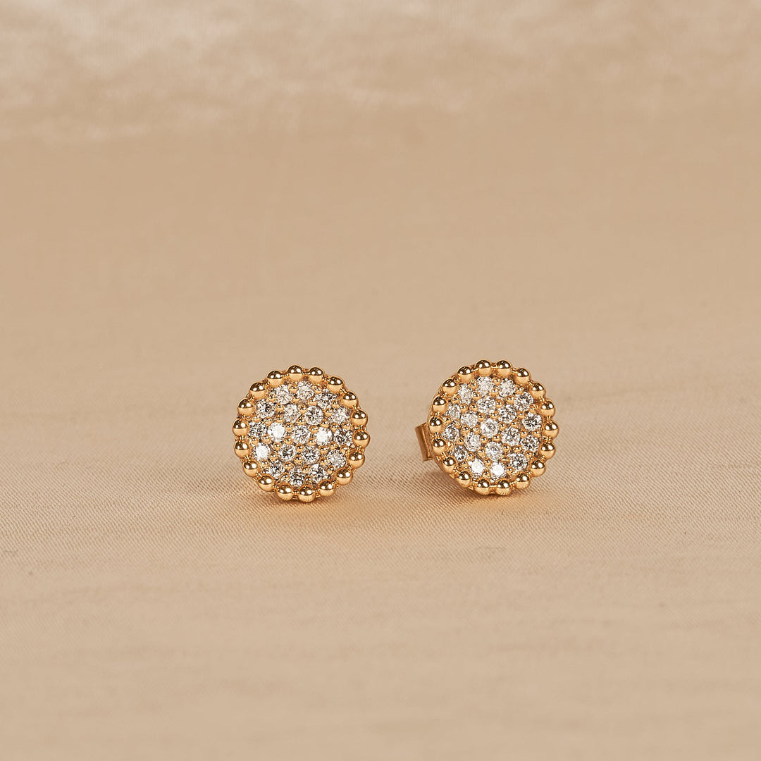 Nadine - In Stock - Round Pave Lab Grown Diamond Stud Earrings with Gold Ball Edge - 18K Yellow Gold - 0,33 ct