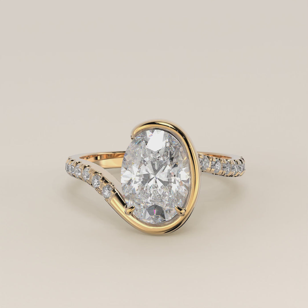 Jente - Oval Lab Grown Diamond Half Bezel Wave Ring with Pave Band