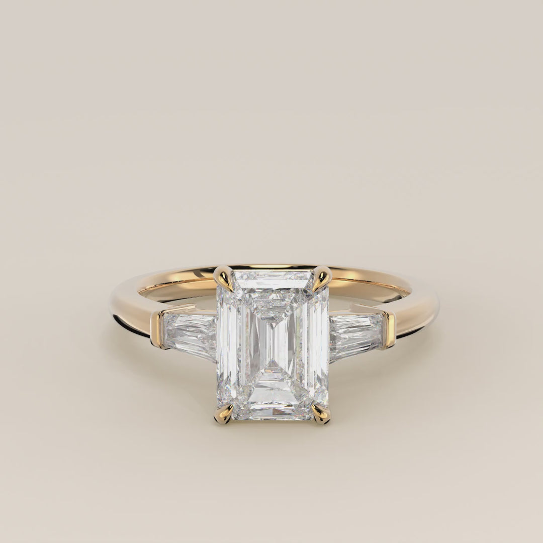 Alessia - Emerald Baguette Trilogyy Lab Grown Diamond Ring with Pointed Prongs