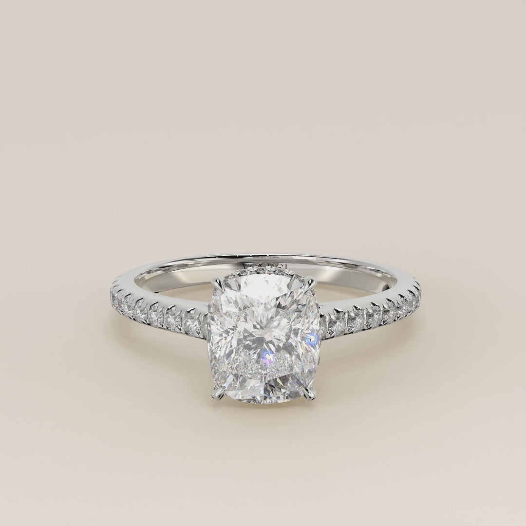 Lana - Elongated Cushion Solitair Lab Grown Diamond Ring with Cathedral Setting, Pave Band and Wrap Around Halo