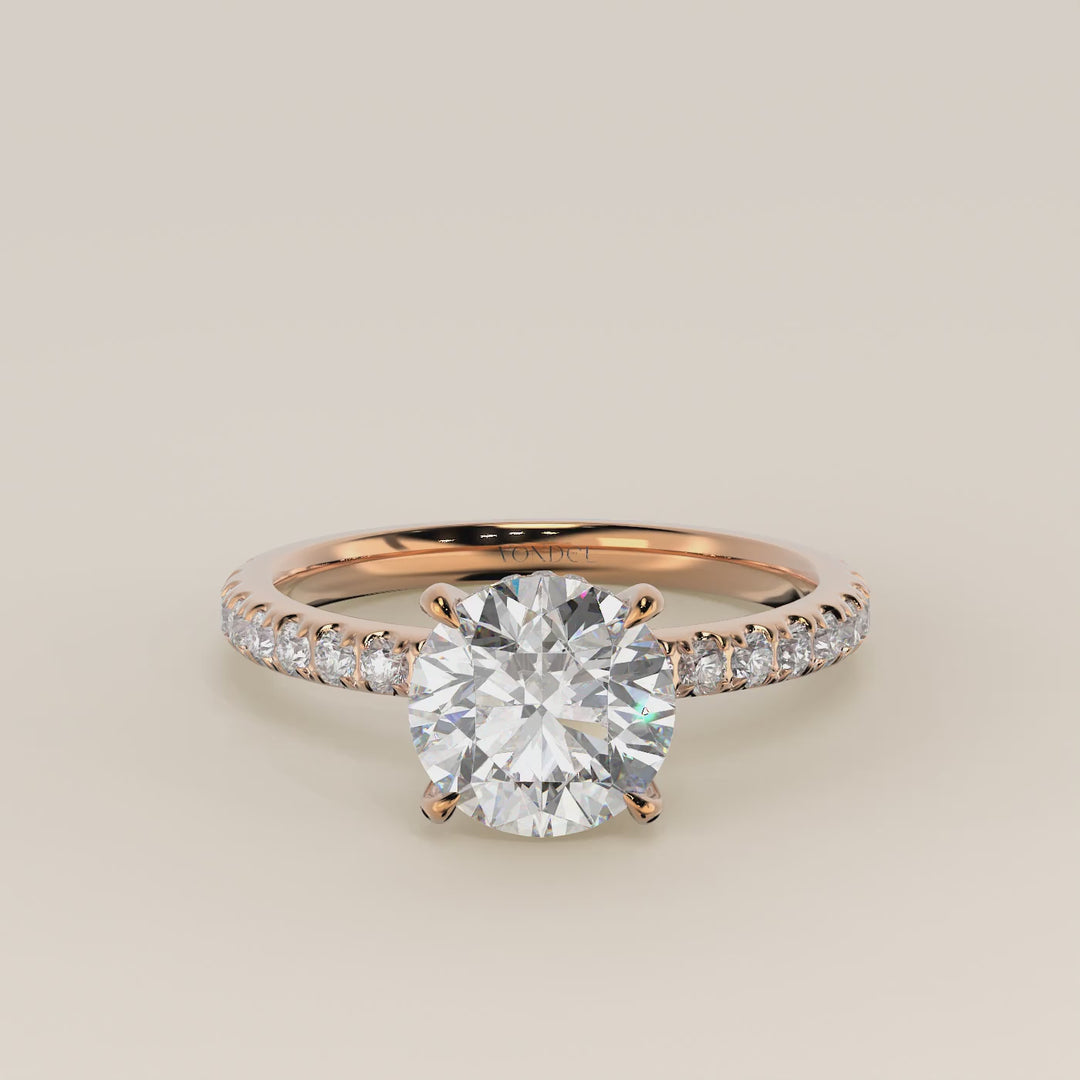 Verlovingsring rond lab grown diamant met hidden halo en pave band, rosegoud