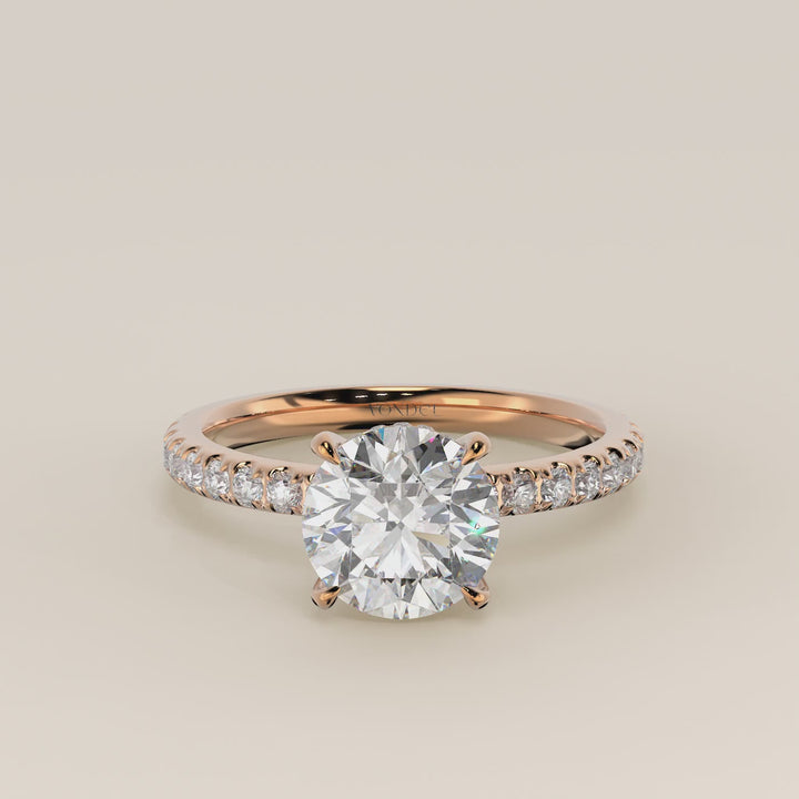 Verlovingsring rond lab grown diamant met hidden halo en pave band, rosegoud