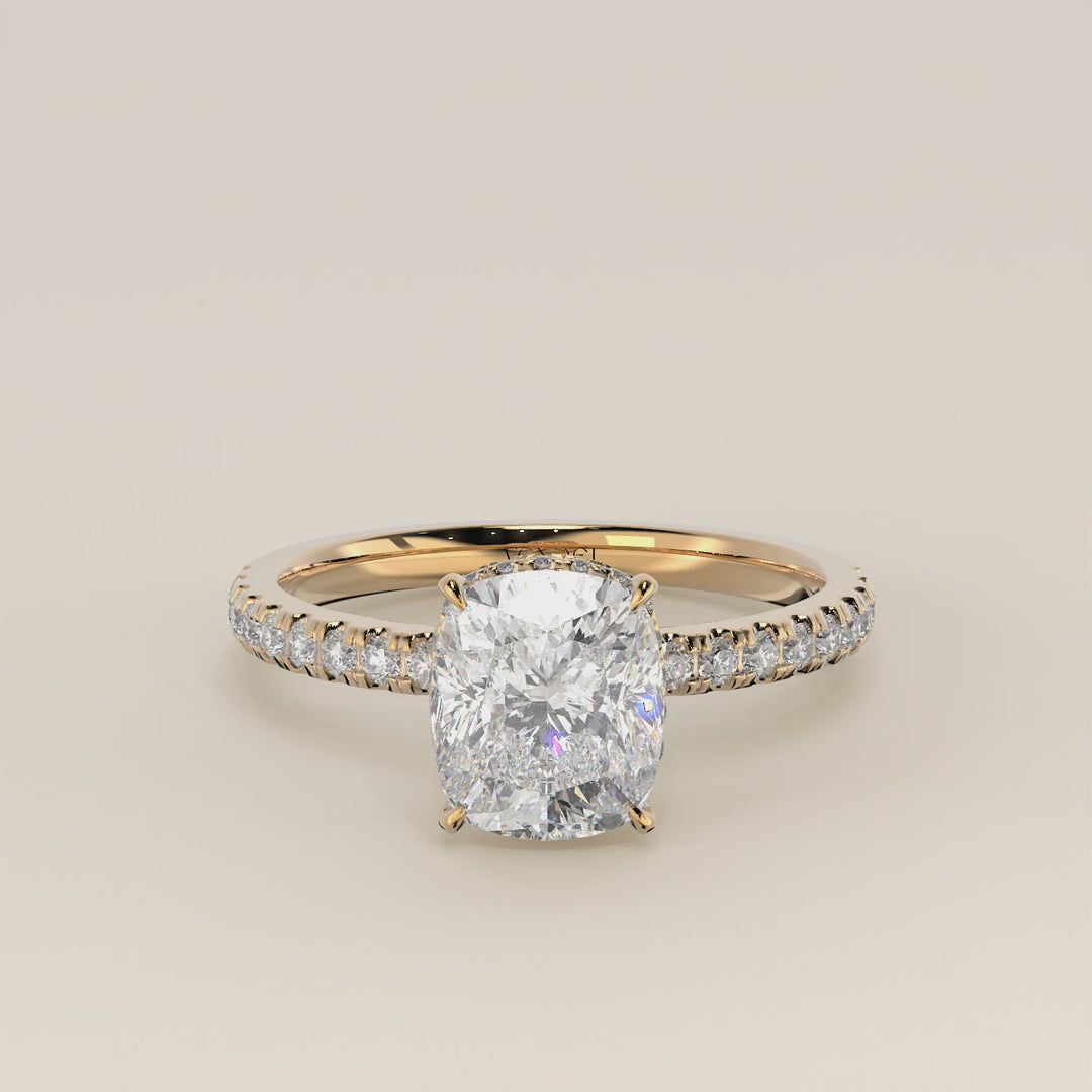 Sydney - Elongated Cushion Solitair Lab Grown Diamond Ring with Wrap Around Halo and Pave Band