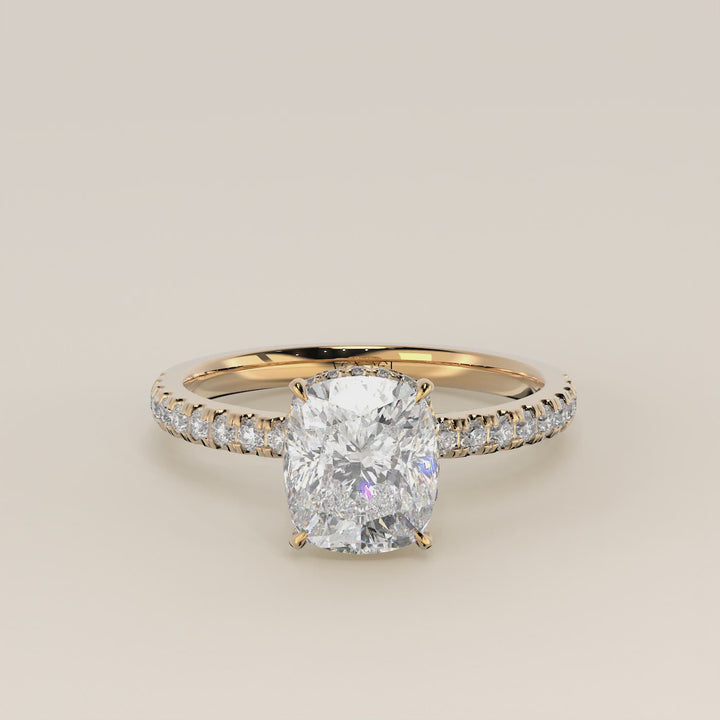 Sydney - Elongated Cushion Solitair Lab Grown Diamond Ring with Wrap Around Halo and Pave Band