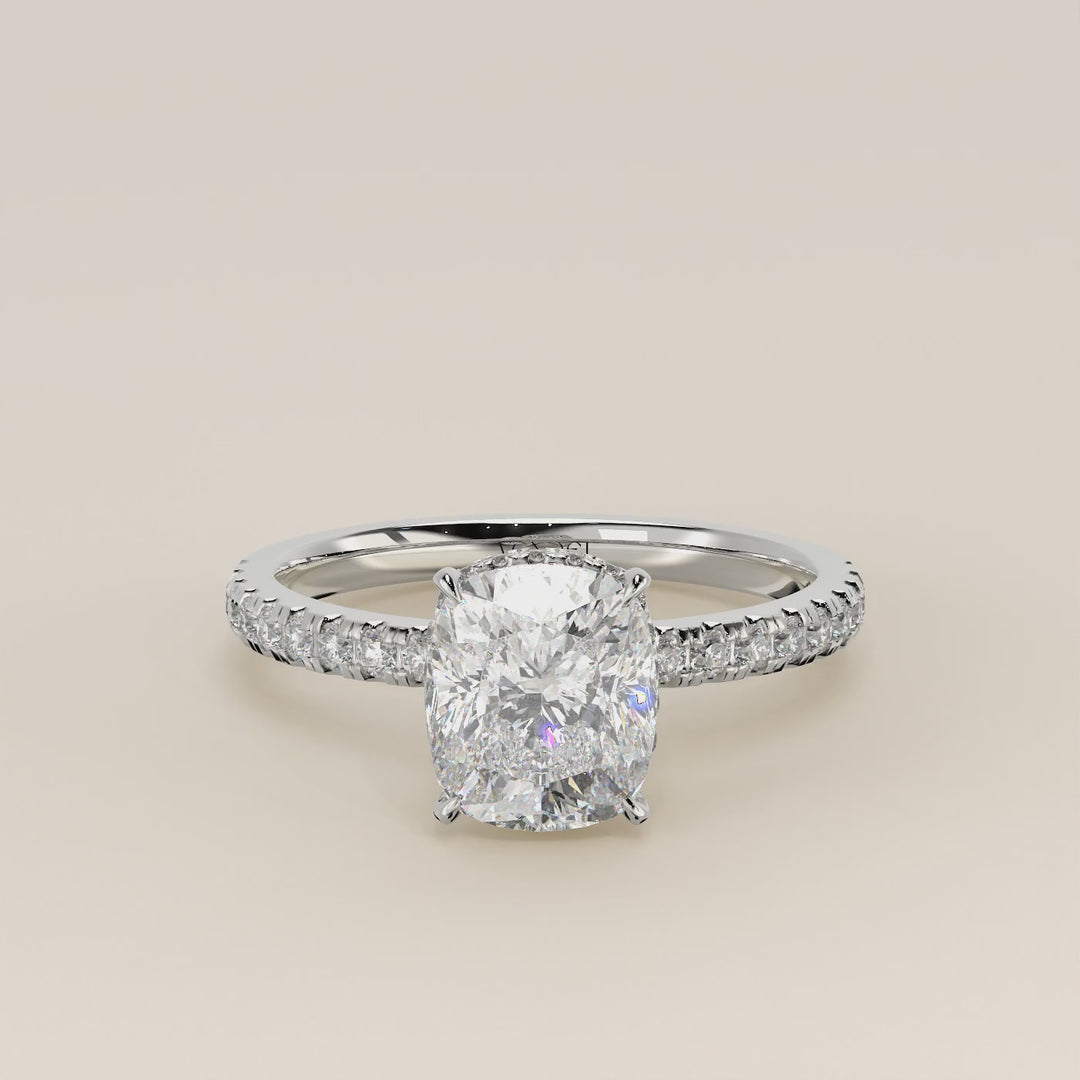 Sydney - Elongated Cushion Solitair Lab Grown Diamond Ring with Wrap Around Halo and Pave Band