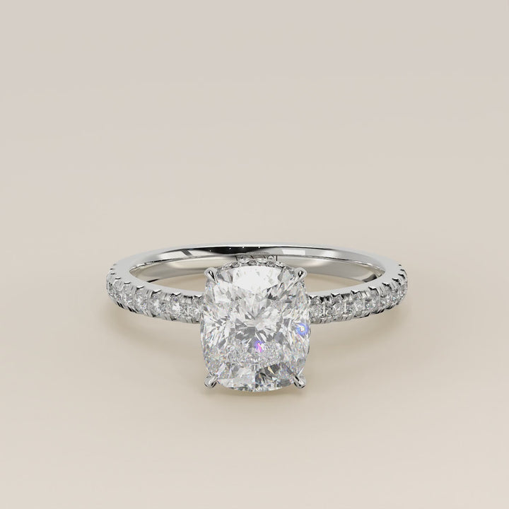 Sydney - Elongated Cushion Solitair Lab Grown Diamond Ring with Wrap Around Halo and Pave Band