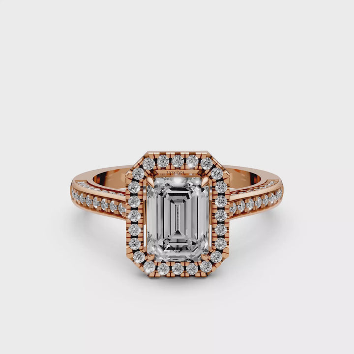 Emerald Halo Ring met 3 Zijden Pave Gezette Band - 18K Witgoud - 2,07 ct
