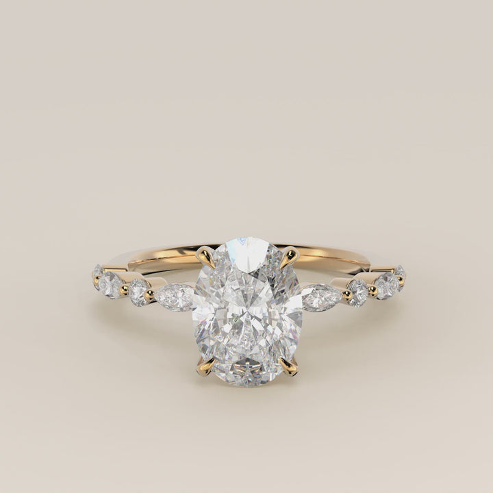 Verlovingsring ovaal lab grown diamant met marquise- en ronde diamantband, geelgoud