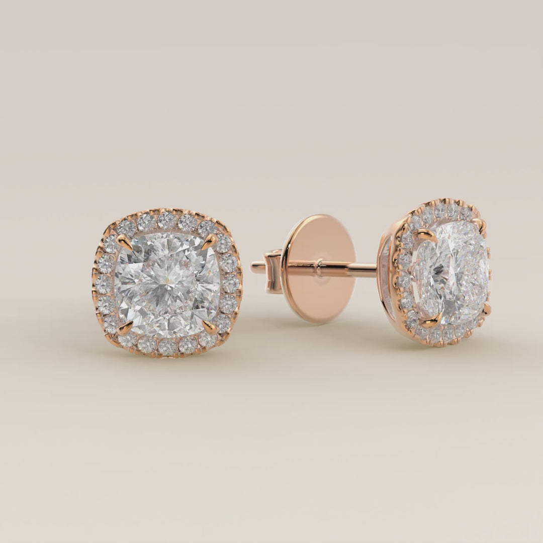 Stud oorbellen halo cushion lab grown diamant, rosegoud