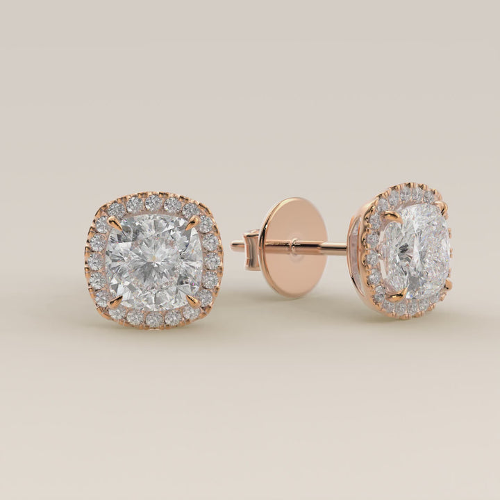 Stud oorbellen halo cushion lab grown diamant, rosegoud