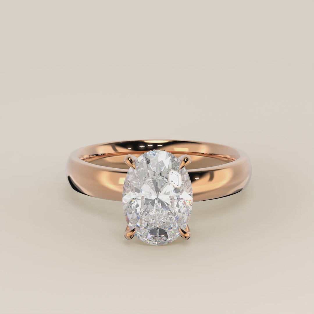 Verlovingsring ovaal lab grown diamant met brede band en hidden halo, rosegoud